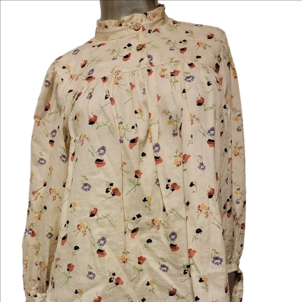 Cream Floral Print Smocked Cotton Blouse Size 0